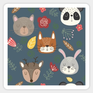 Woodland animals kids pattern navy blue background Sticker